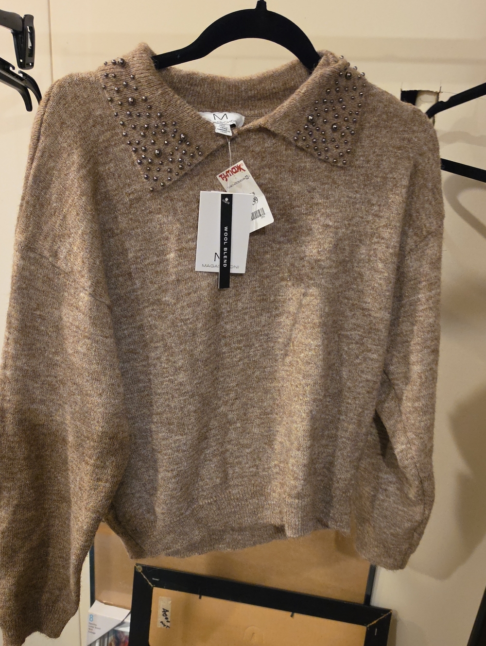 MARELLA Taupe Stud-Collar Crew Neck Sweater